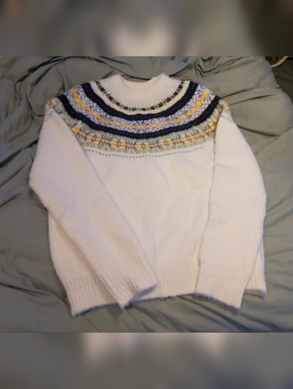 Eggka Cozy White Fair Isle Yoke Wool Sweater, NWT, Sz S [Oversized]